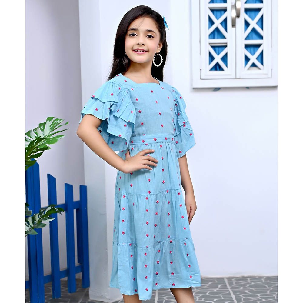 Flower Girl - Girl's Square Neck Printed Dress - Blue/Red