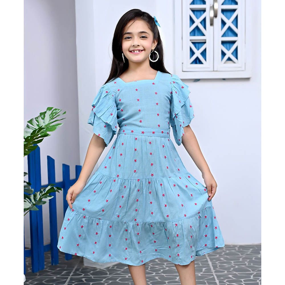 Flower Girl - Girl's Square Neck Printed Dress - Blue/Red