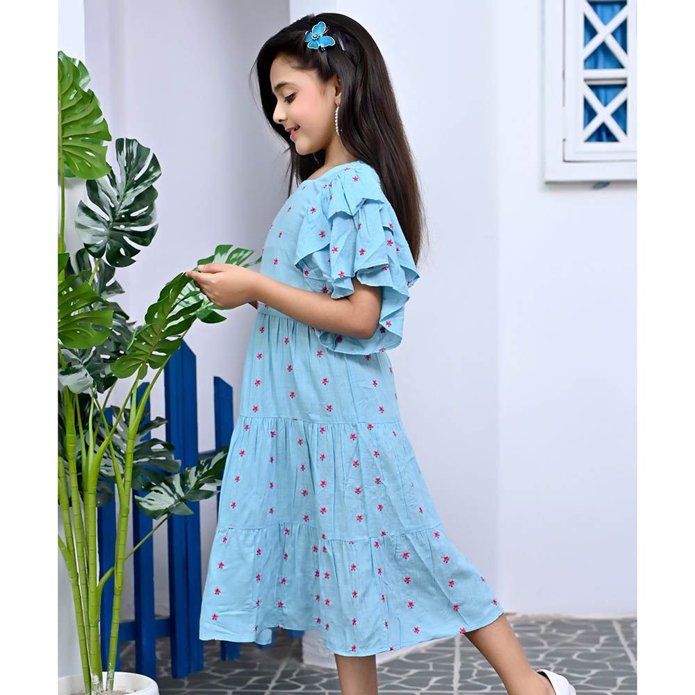 Flower Girl - Girl's Square Neck Printed Dress - Blue/Red