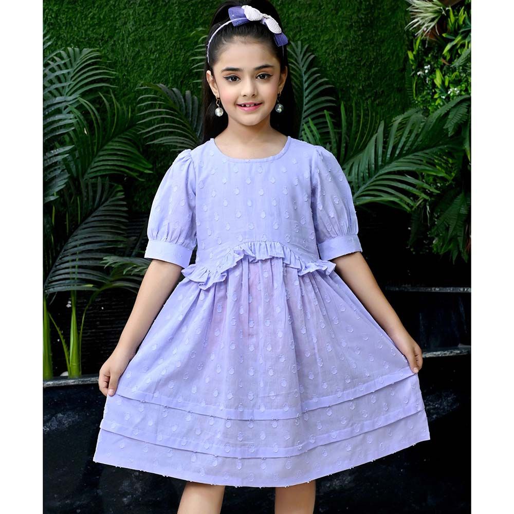 Flower Girl - Girl's Round Neck Plain Dobby Dress - Lilac