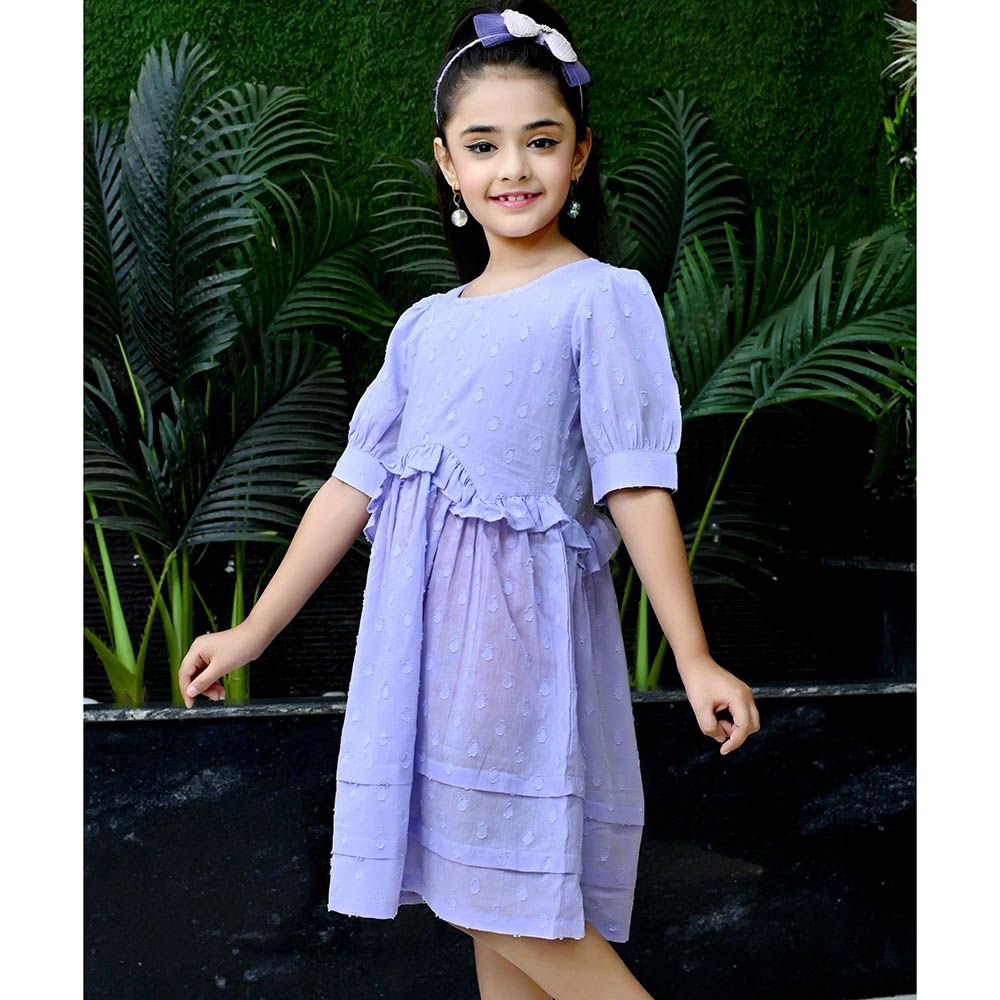 Flower Girl - Girl's Round Neck Plain Dobby Dress - Lilac