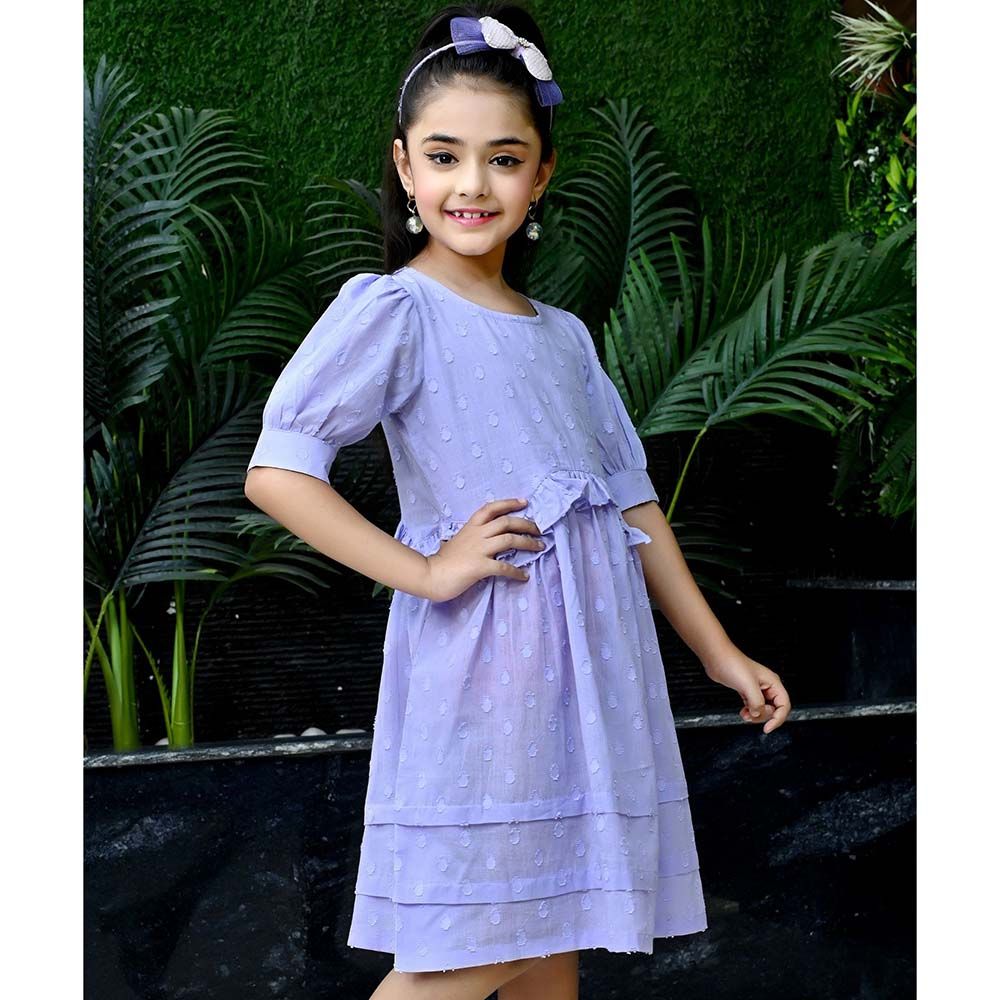 Flower Girl - Girl's Round Neck Plain Dobby Dress - Lilac