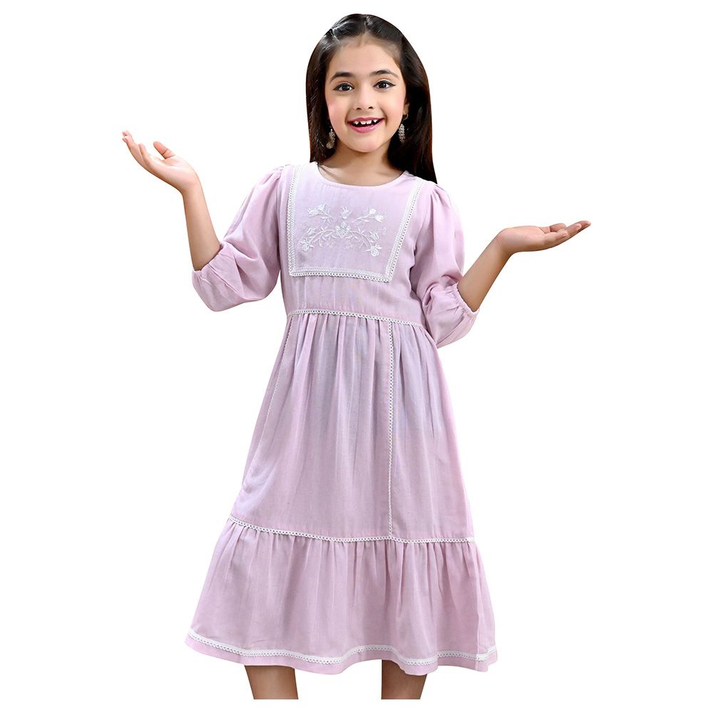 Flower Girl - Girl's Round Neck Plain Dress - Rose Pink