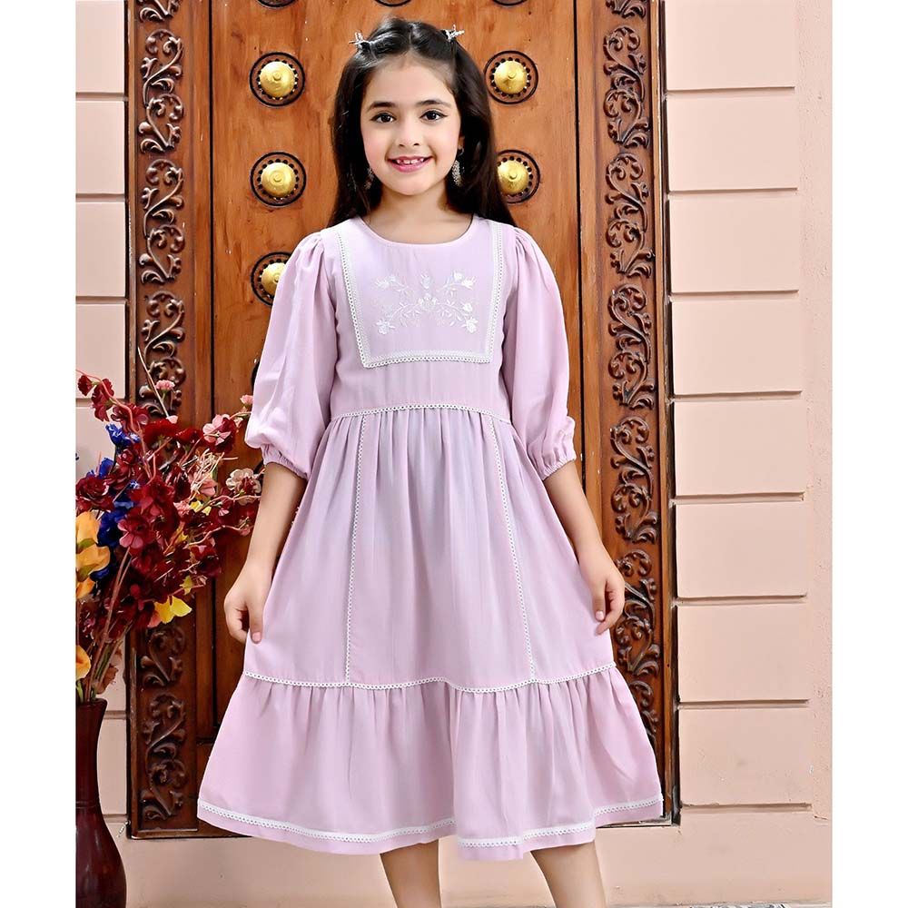 Flower Girl - Girl's Round Neck Plain Dress - Rose Pink