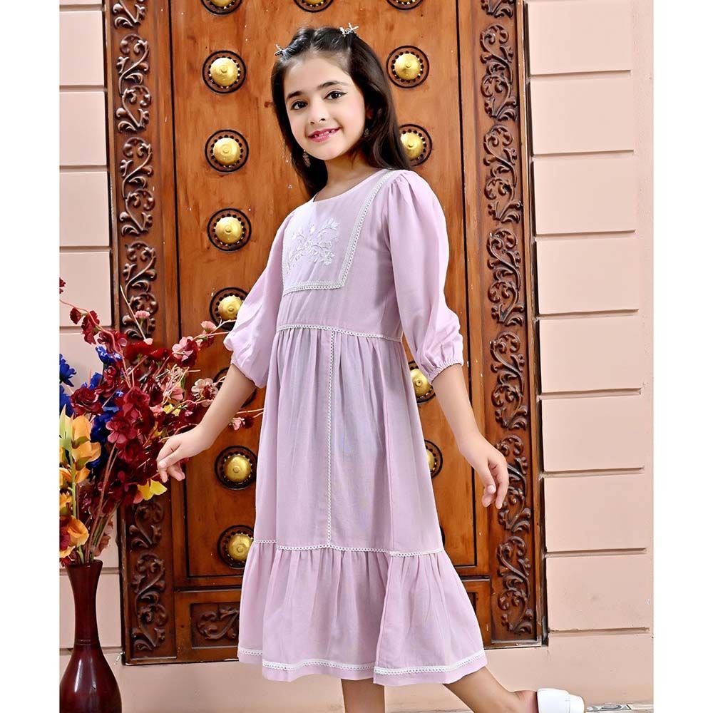 Flower Girl - Girl's Round Neck Plain Dress - Rose Pink