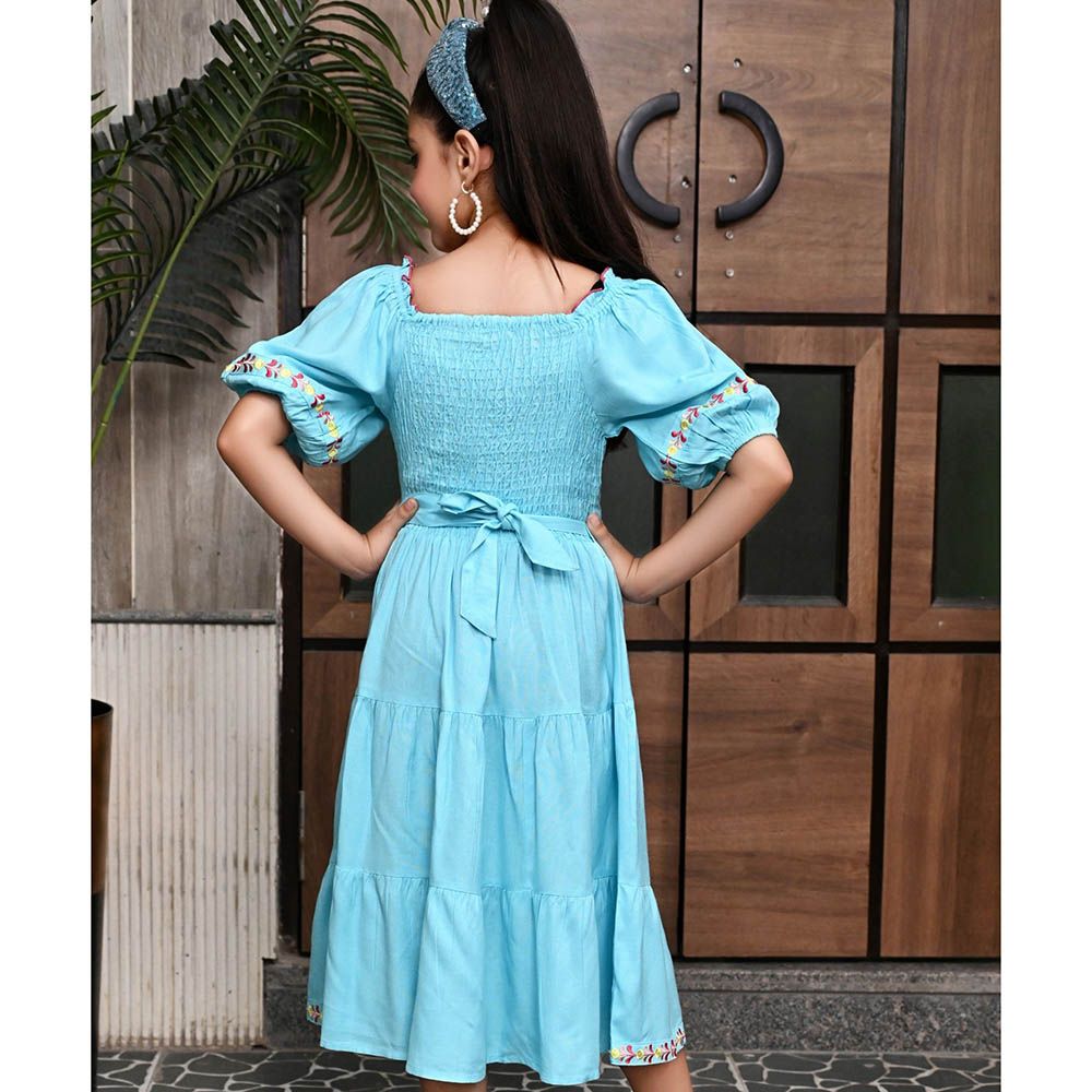 Flower Girl - Girl's Square Neck Plain Dress - Blue