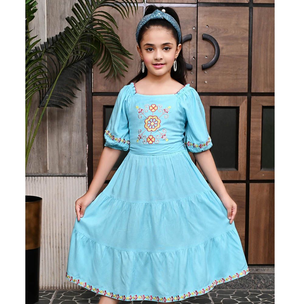 Flower Girl - Girl's Square Neck Plain Dress - Blue