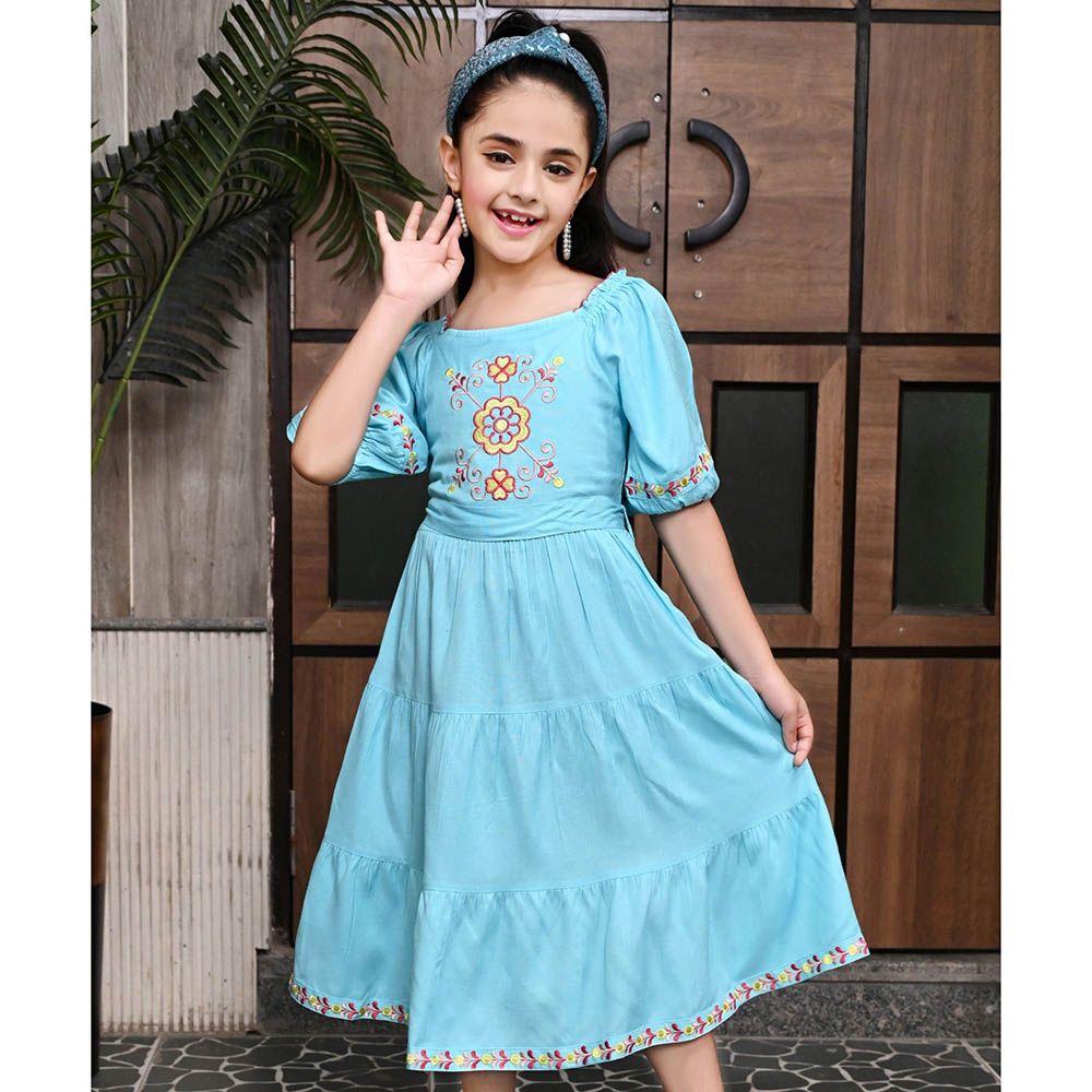 Flower Girl - Girl's Square Neck Plain Dress - Blue