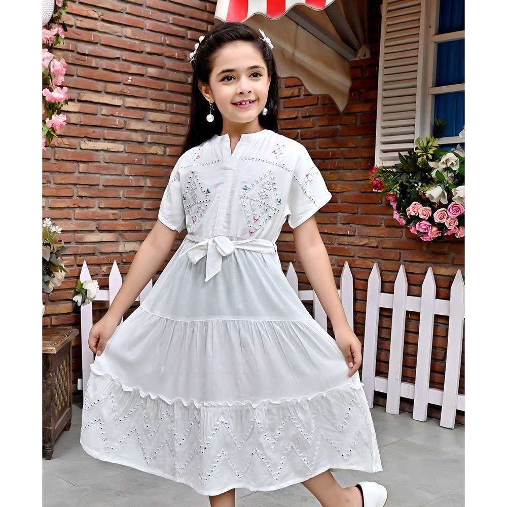 Flower Girl - Girl's V Shaped Neck Plain Dress - White