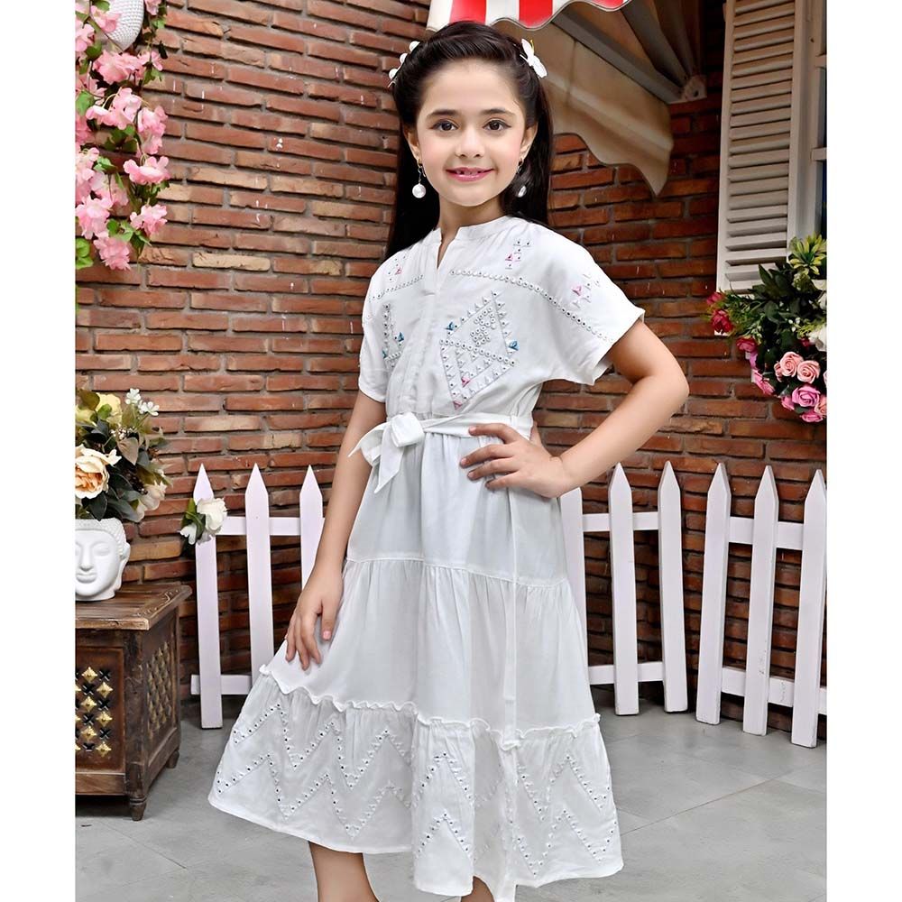 Flower Girl - Girl's V Shaped Neck Plain Dress - White