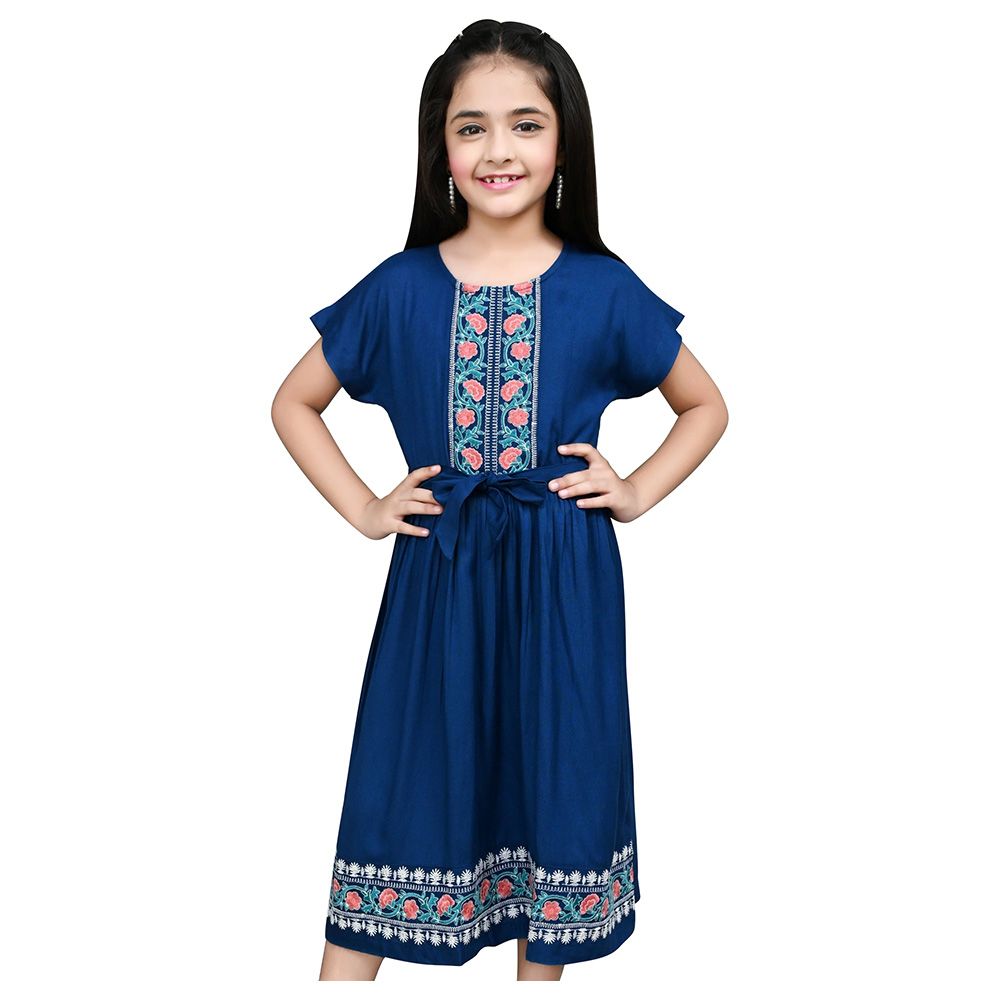 Flower Girl - Girl's Round Neck Plain Dress - Navy Blue