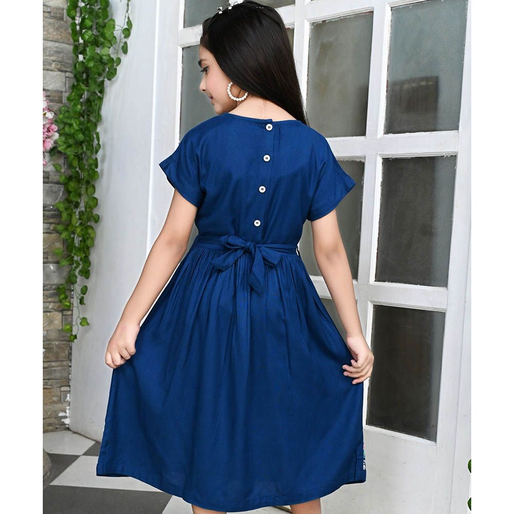 Flower Girl - Girl's Round Neck Plain Dress - Navy Blue