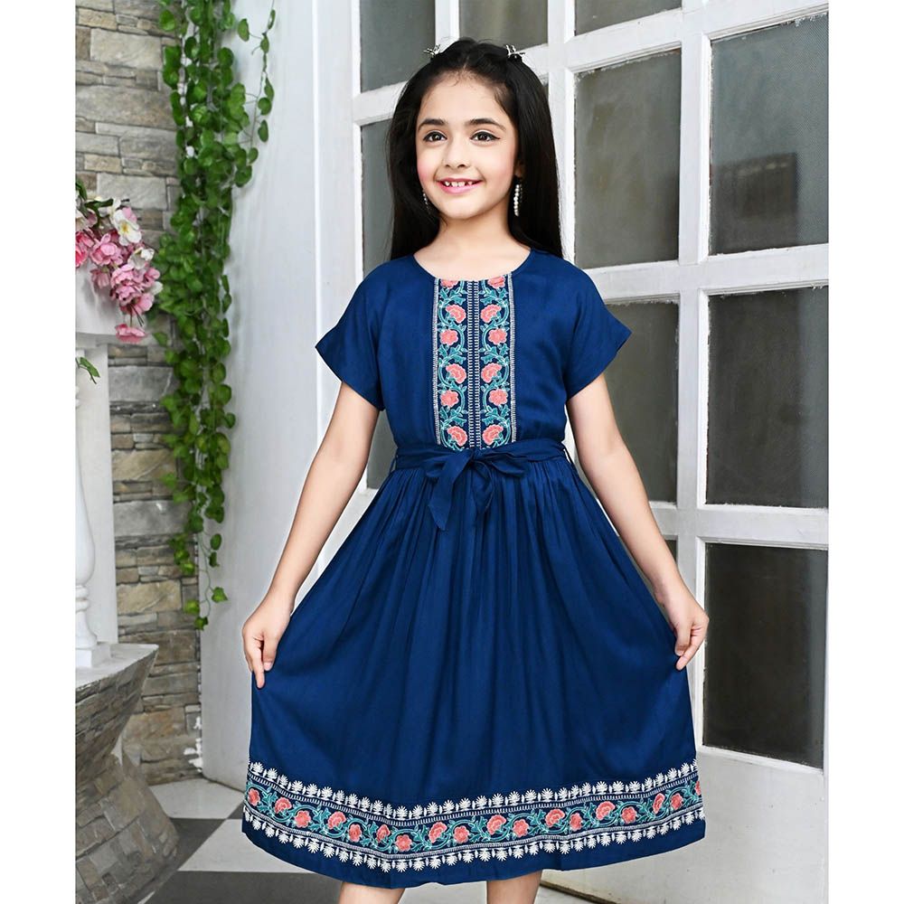 Flower Girl - Girl's Round Neck Plain Dress - Navy Blue