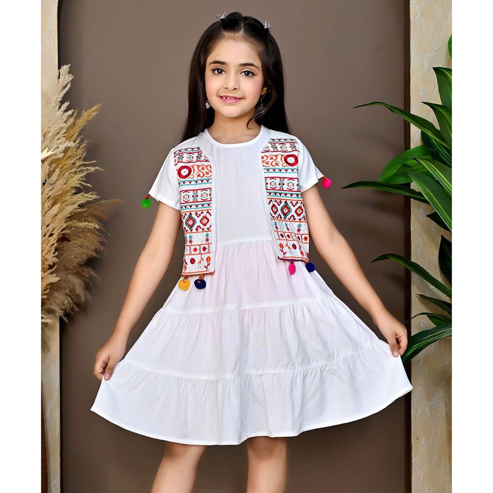 Flower Girl - Girl's Round Neck Dress With Jacket - White