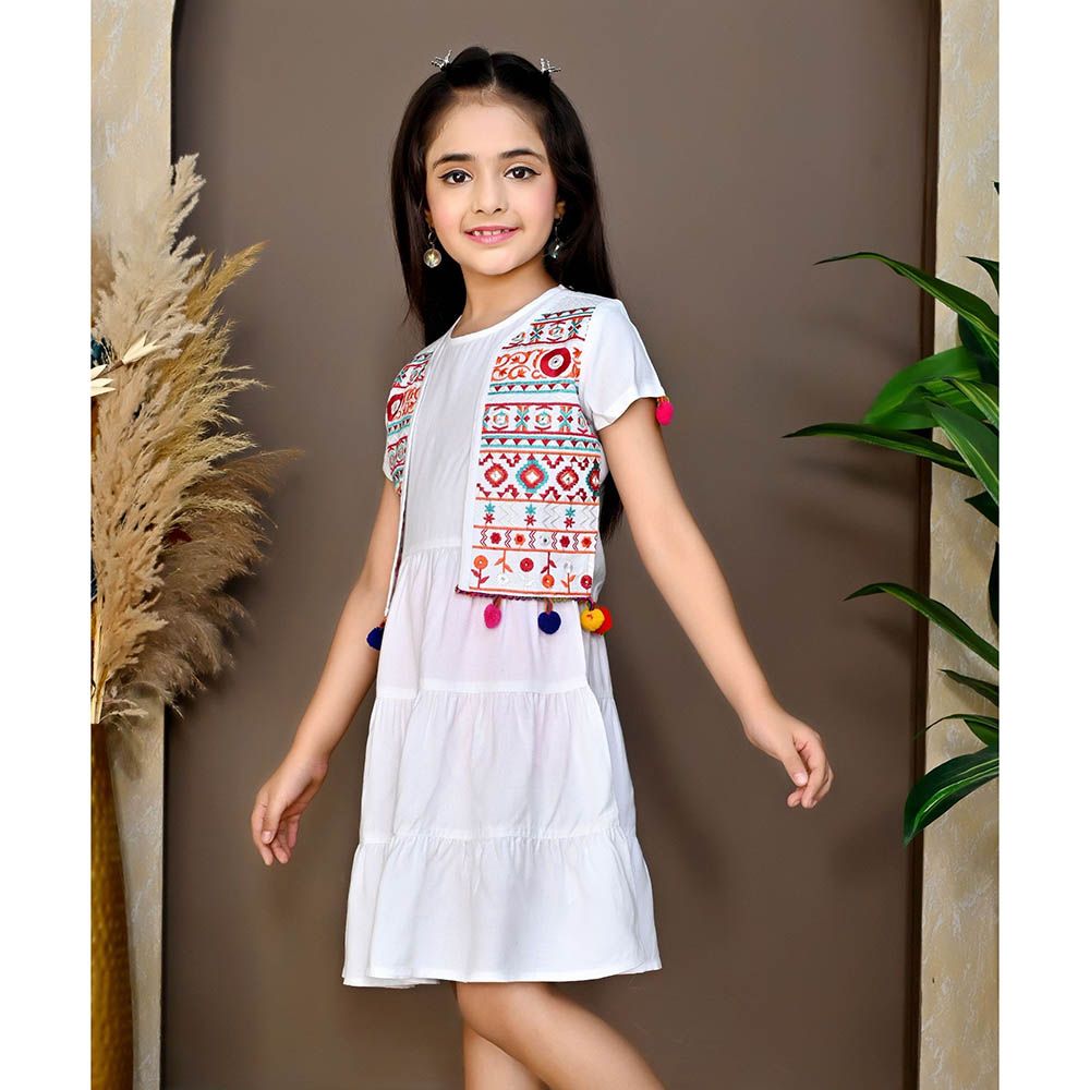 Flower Girl - Girl's Round Neck Dress With Jacket - White