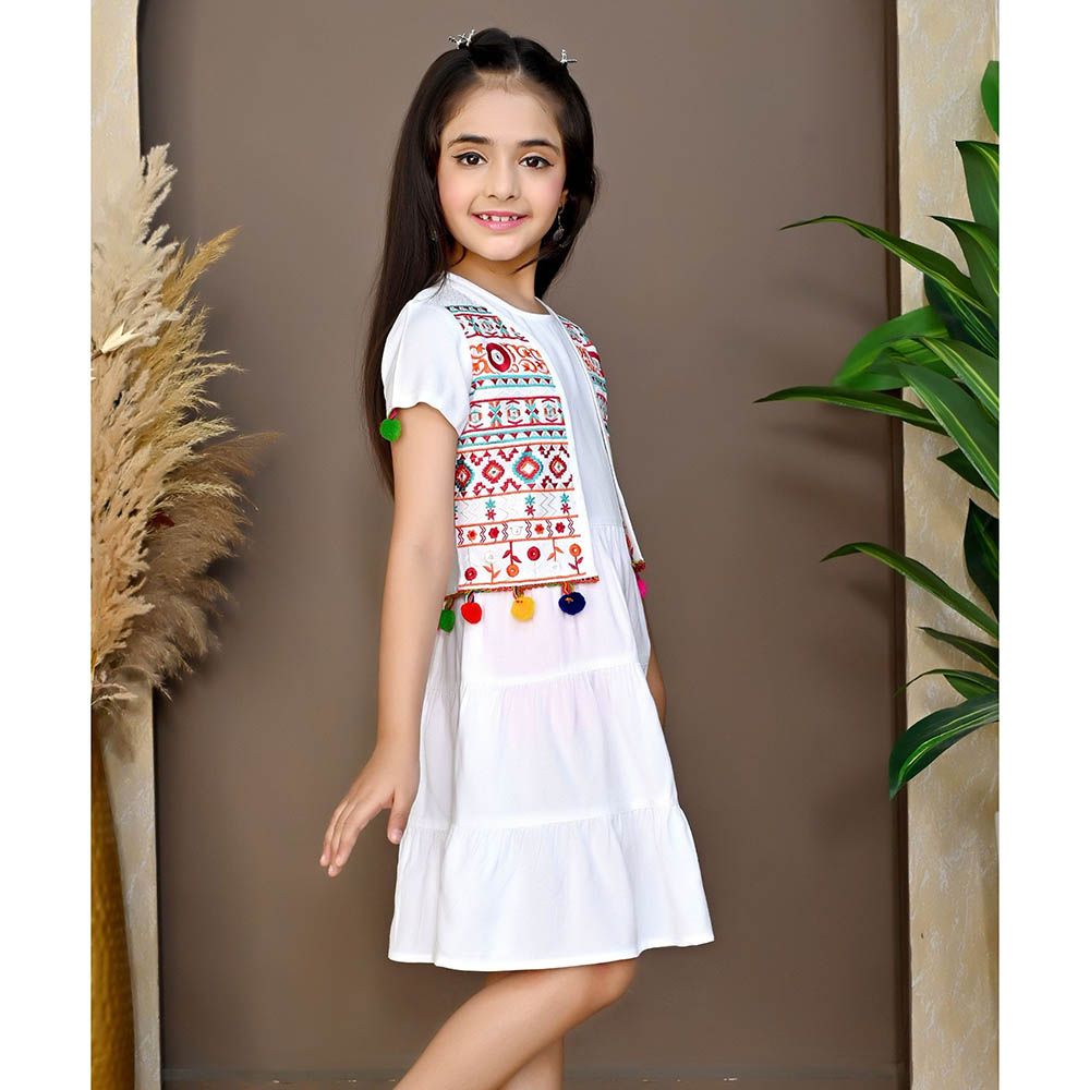 Flower Girl - Girl's Round Neck Dress With Jacket - White