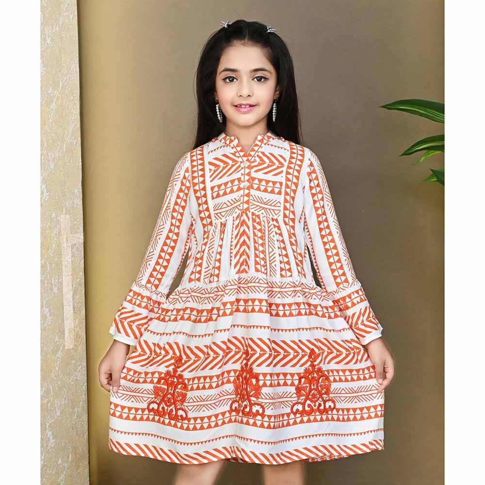 Flower Girl - Girl's V Shaped Neck Printed Dress - White/Orange