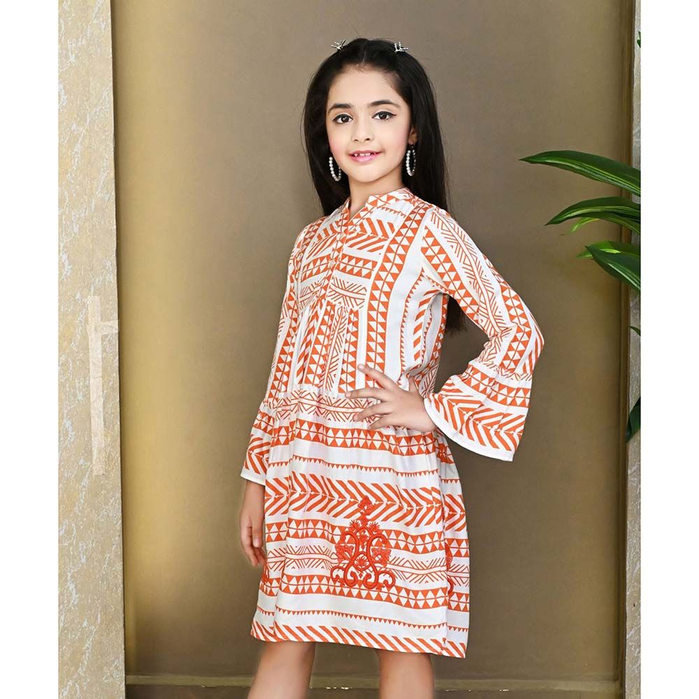 Flower Girl - Girl's V Shaped Neck Printed Dress - White/Orange