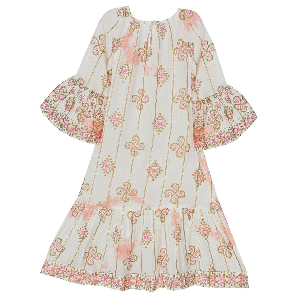 Flower Girl - Girl's Round Neck Printed Dress - White/Orange