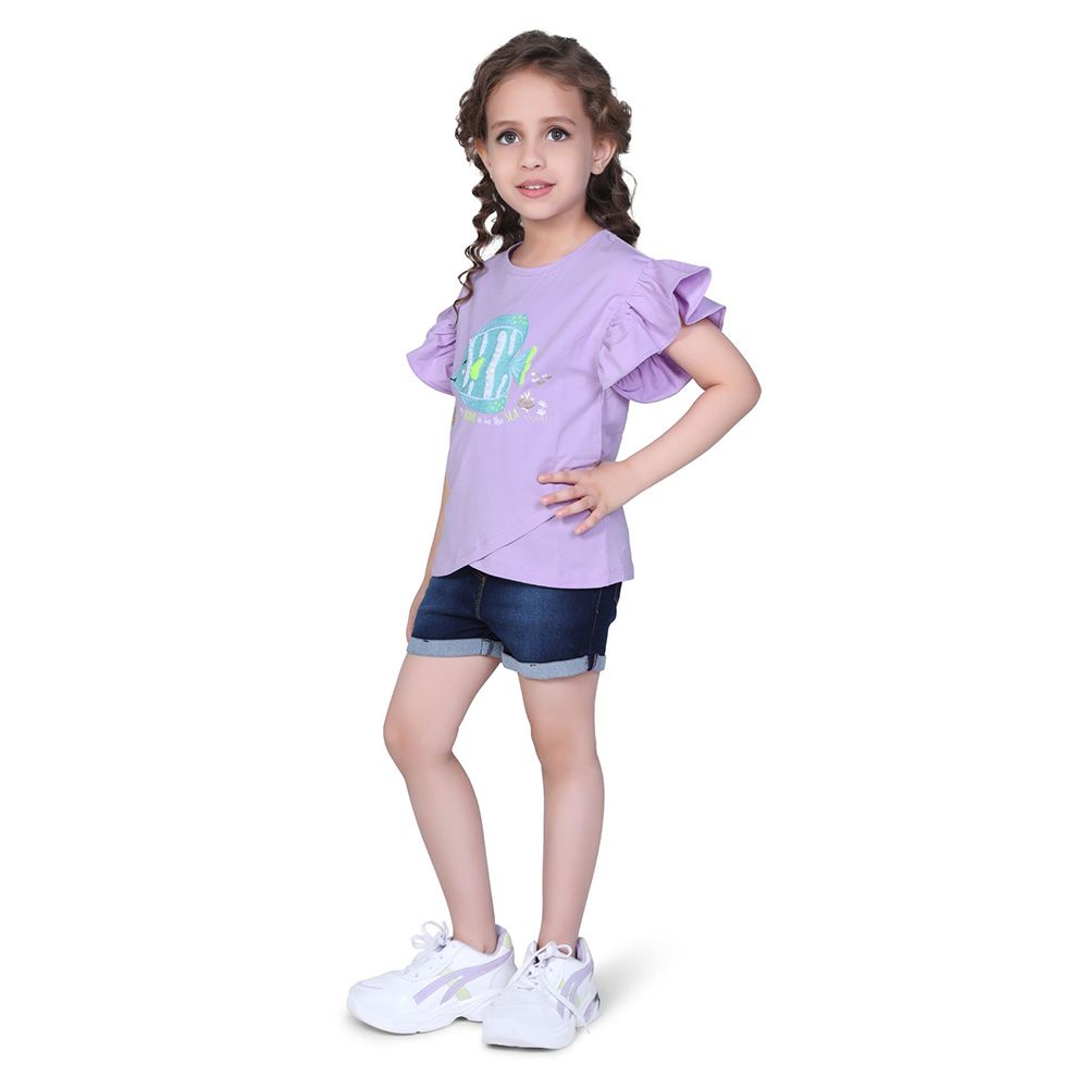 Little Kangaroos - Girl Sequin Fish Embellished T-Shirt - Purple