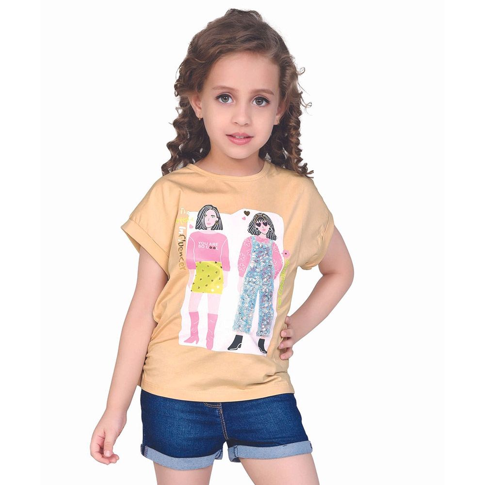 Little Kangaroos - Girl Round Neck Printed T-Shirt - Fawn