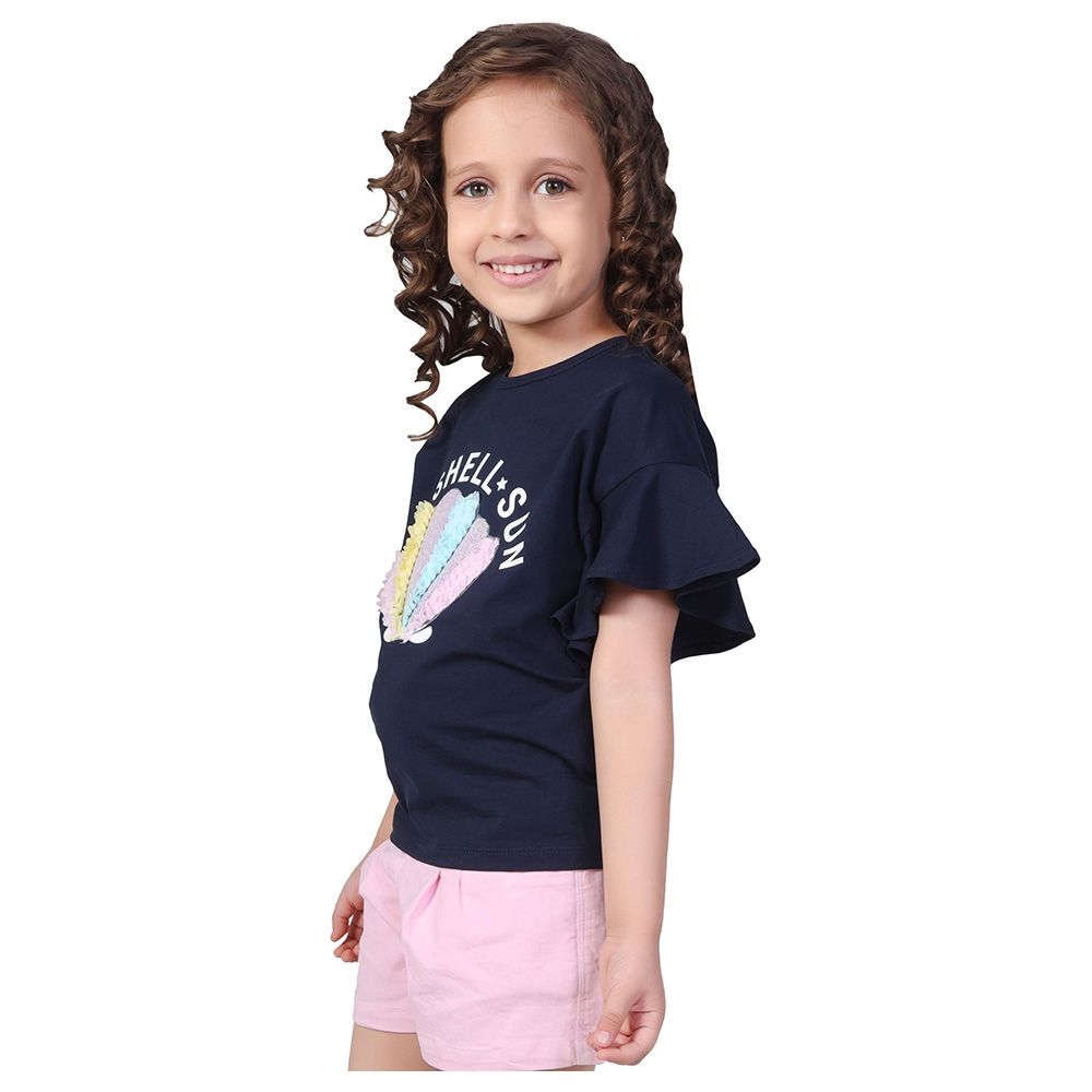 Little Kangaroos - Girl Round Neck Seashell T-Shirt - Navy