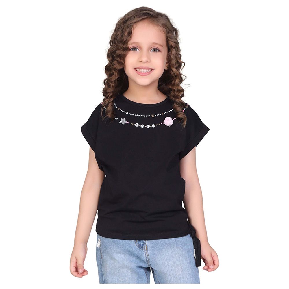 Little Kangaroos - Girl Round Neck Fold Sleeve T-Shirt - Black