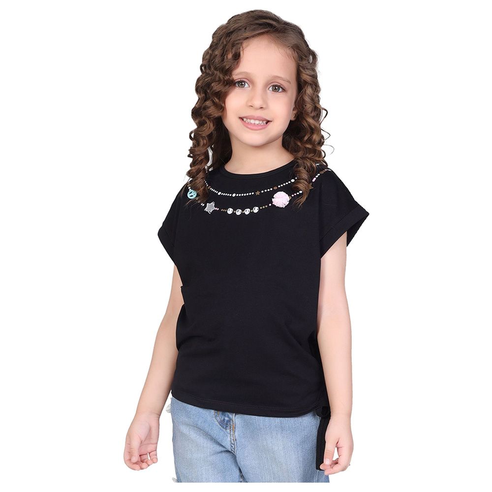 Little Kangaroos - Girl Round Neck Fold Sleeve T-Shirt - Black