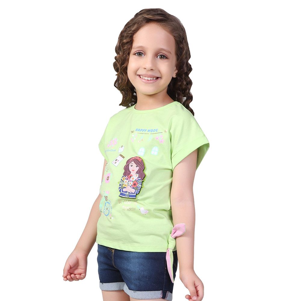 Little Kangaroos - Girl Round Neck Fold Sleeve T-Shirt - Lime Green