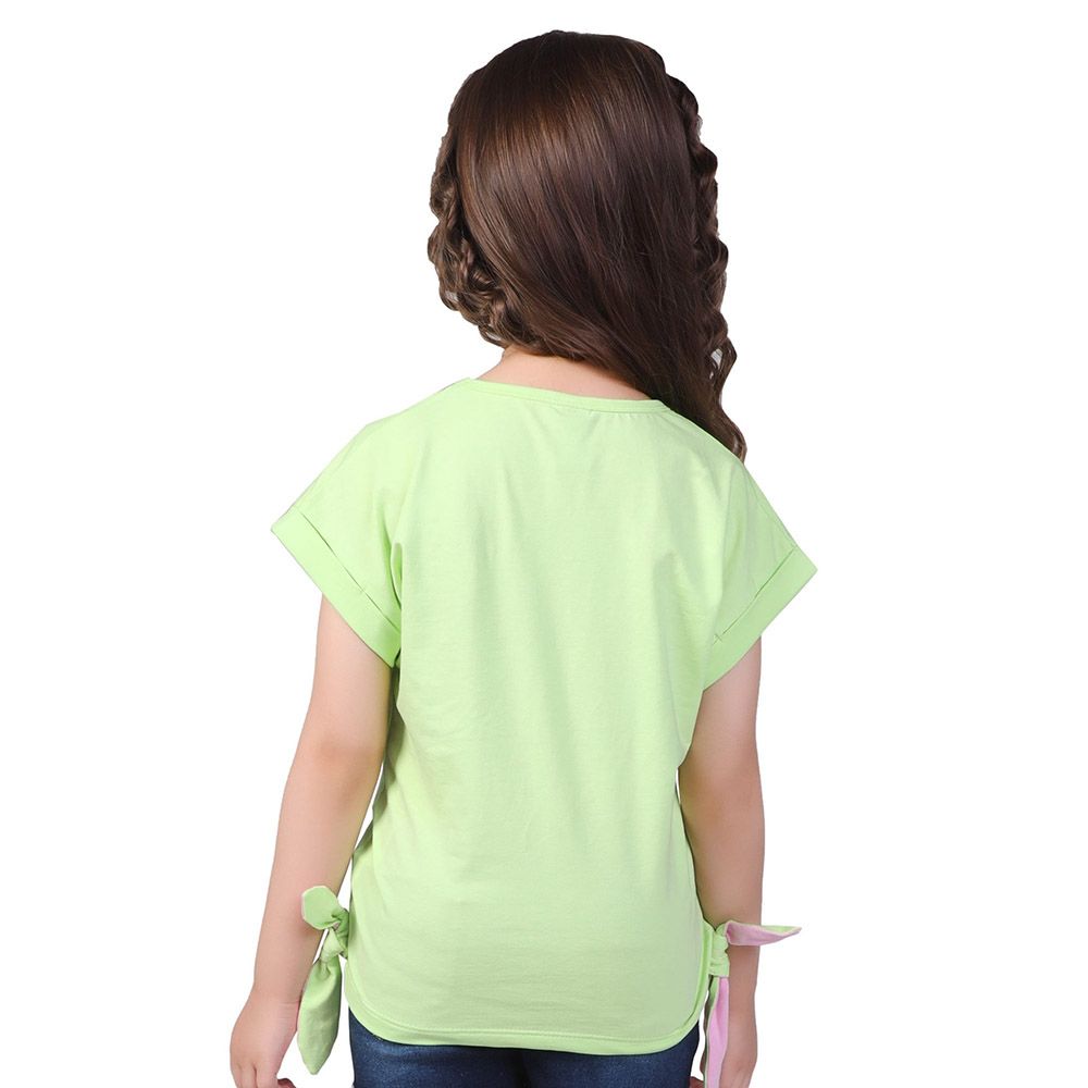 Little Kangaroos - Girl Round Neck Fold Sleeve T-Shirt - Lime Green