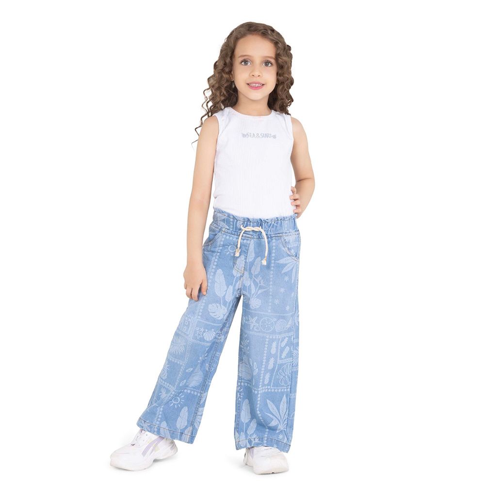 Little Kangaroos - Girl Full Elastic Printed Denim Jeans - Light Blue