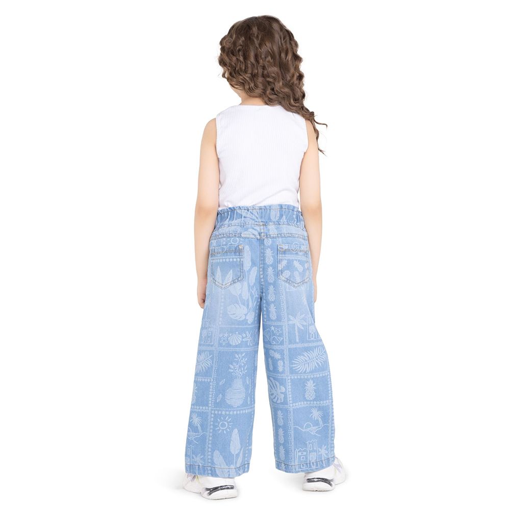 Little Kangaroos - Girl Full Elastic Printed Denim Jeans - Light Blue