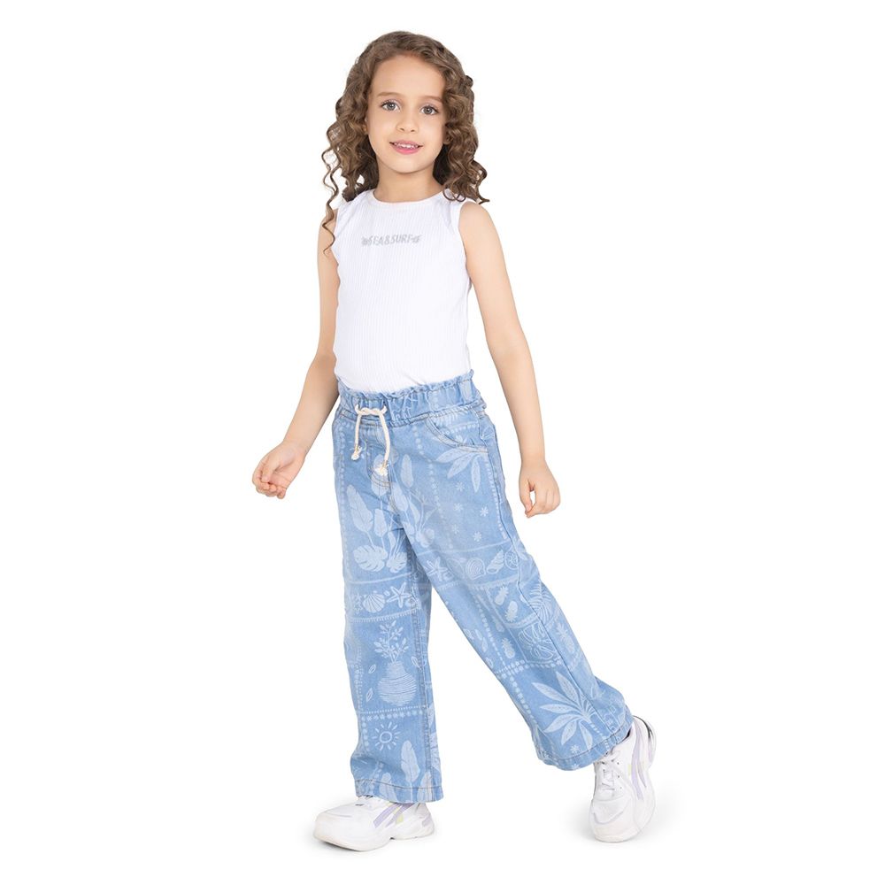 Little Kangaroos - Girl Full Elastic Printed Denim Jeans - Light Blue