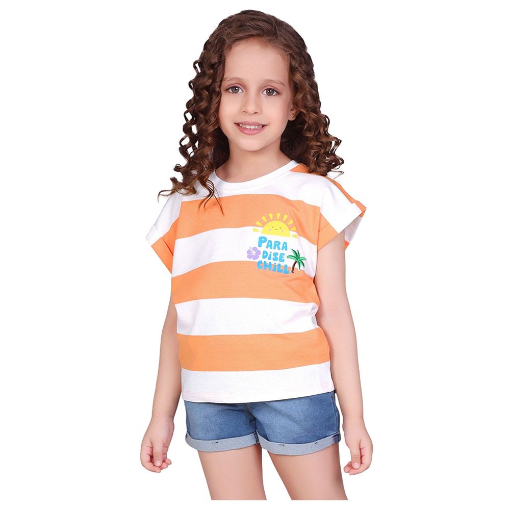 Little Kangaroos - Girl Round Neck Fold Sleeve T-Shirt - Peach/White