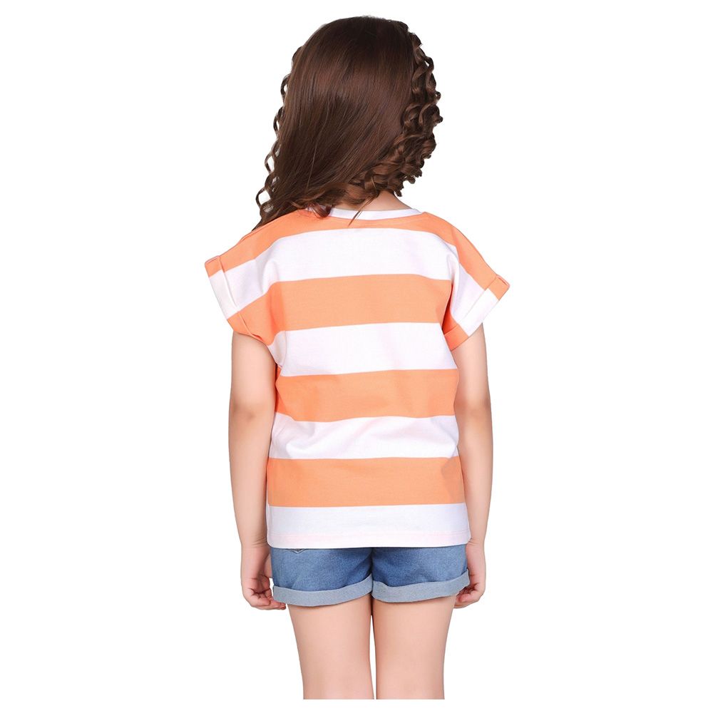 Little Kangaroos - Girl Round Neck Fold Sleeve T-Shirt - Peach/White