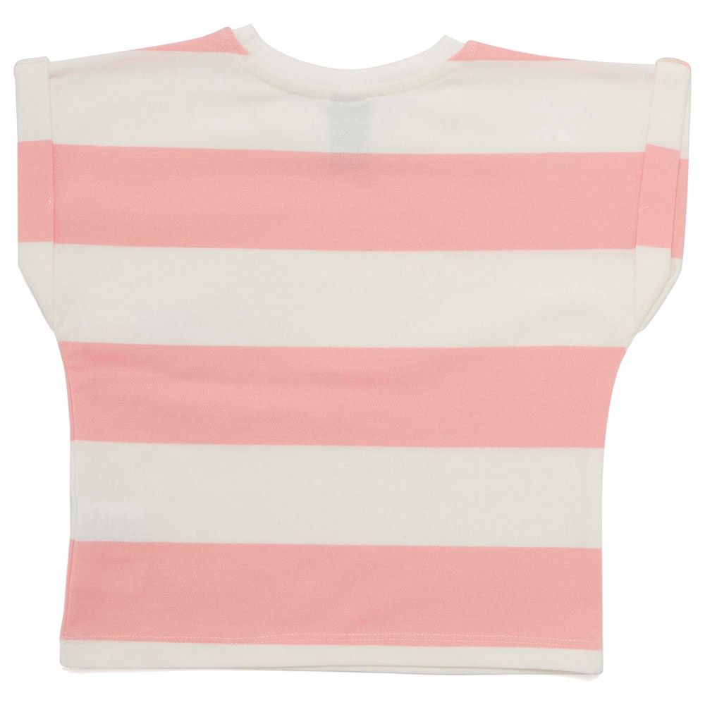 Little Kangaroos - Girl Round Neck Fold Sleeve T-Shirt - Pink/White