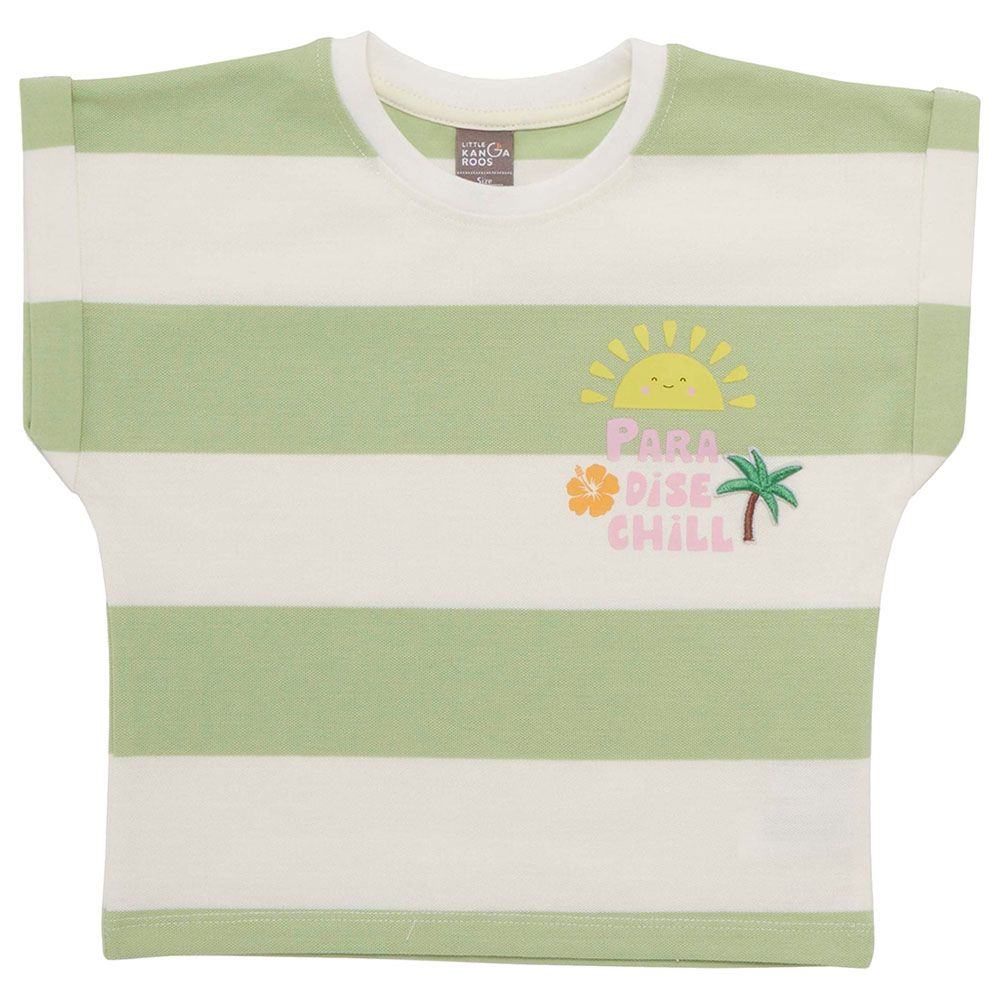 Little Kangaroos - Girl Round Neck Fold Sleeve T-Shirt - Green/White