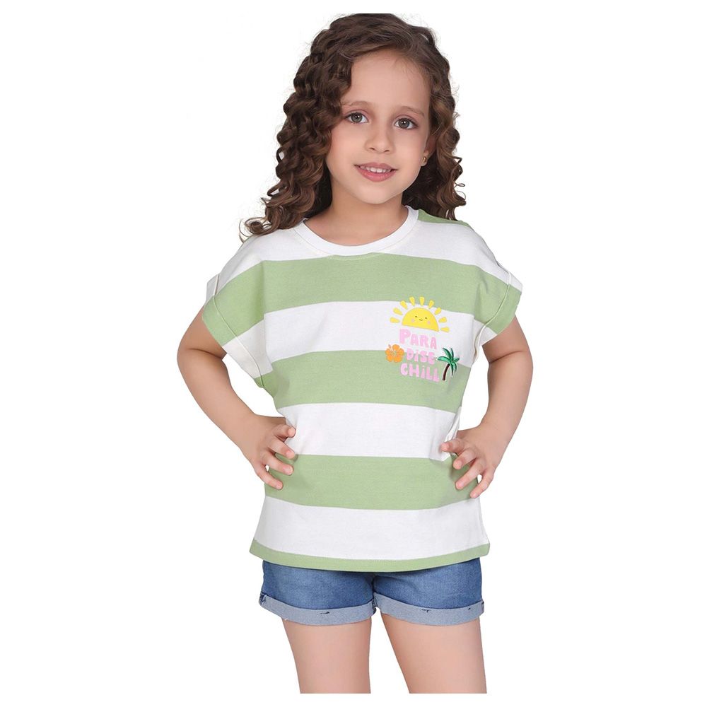 Little Kangaroos - Girl Round Neck Fold Sleeve T-Shirt - Green/White