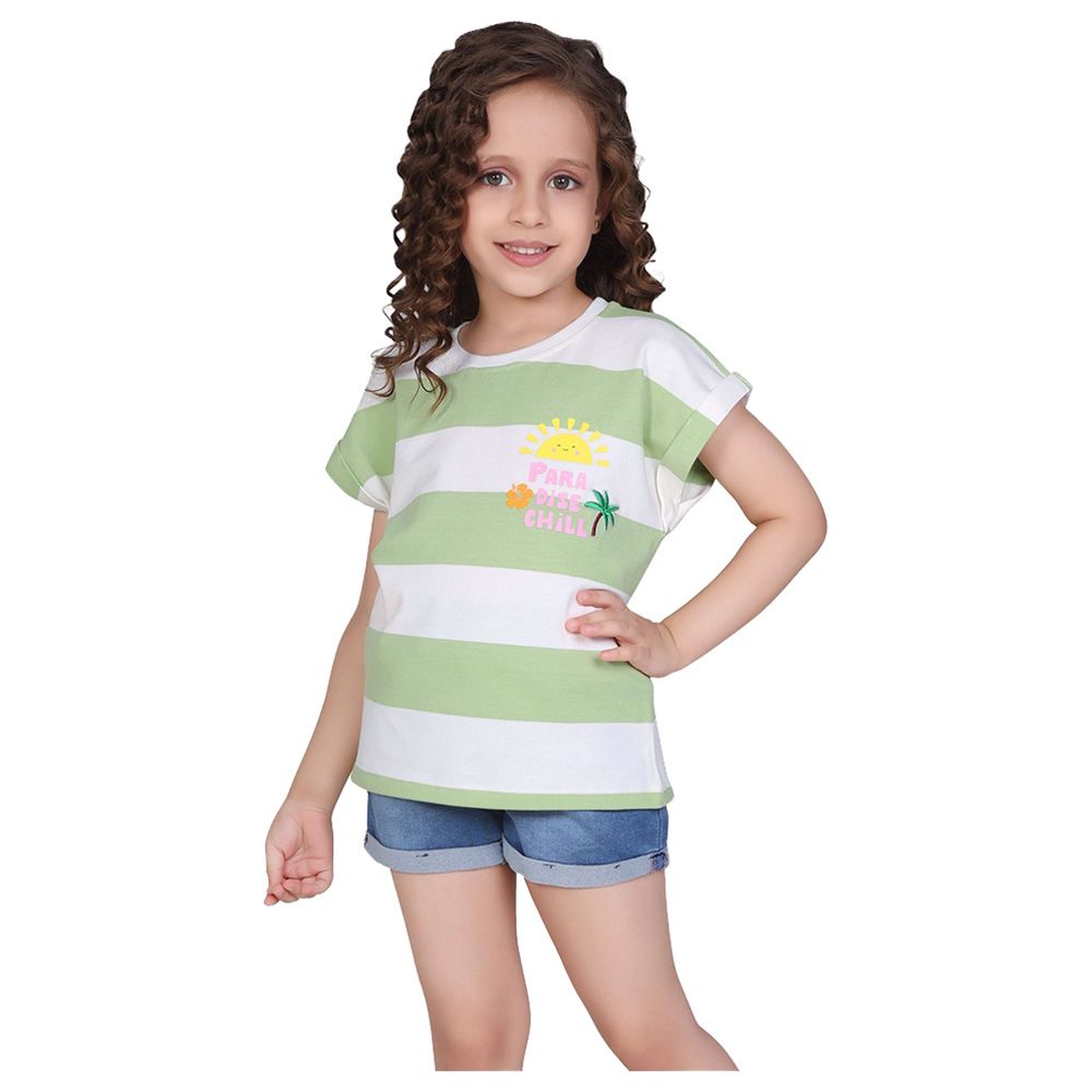 Little Kangaroos - Girl Round Neck Fold Sleeve T-Shirt - Green/White