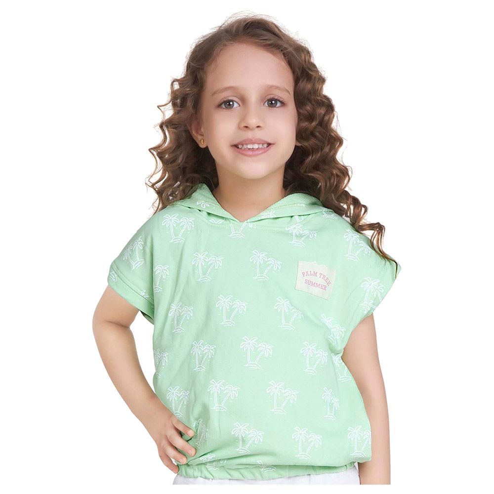 Little Kangaroos - Girl Sleeveless Hooded Tropical Print T-Shirt - Mint