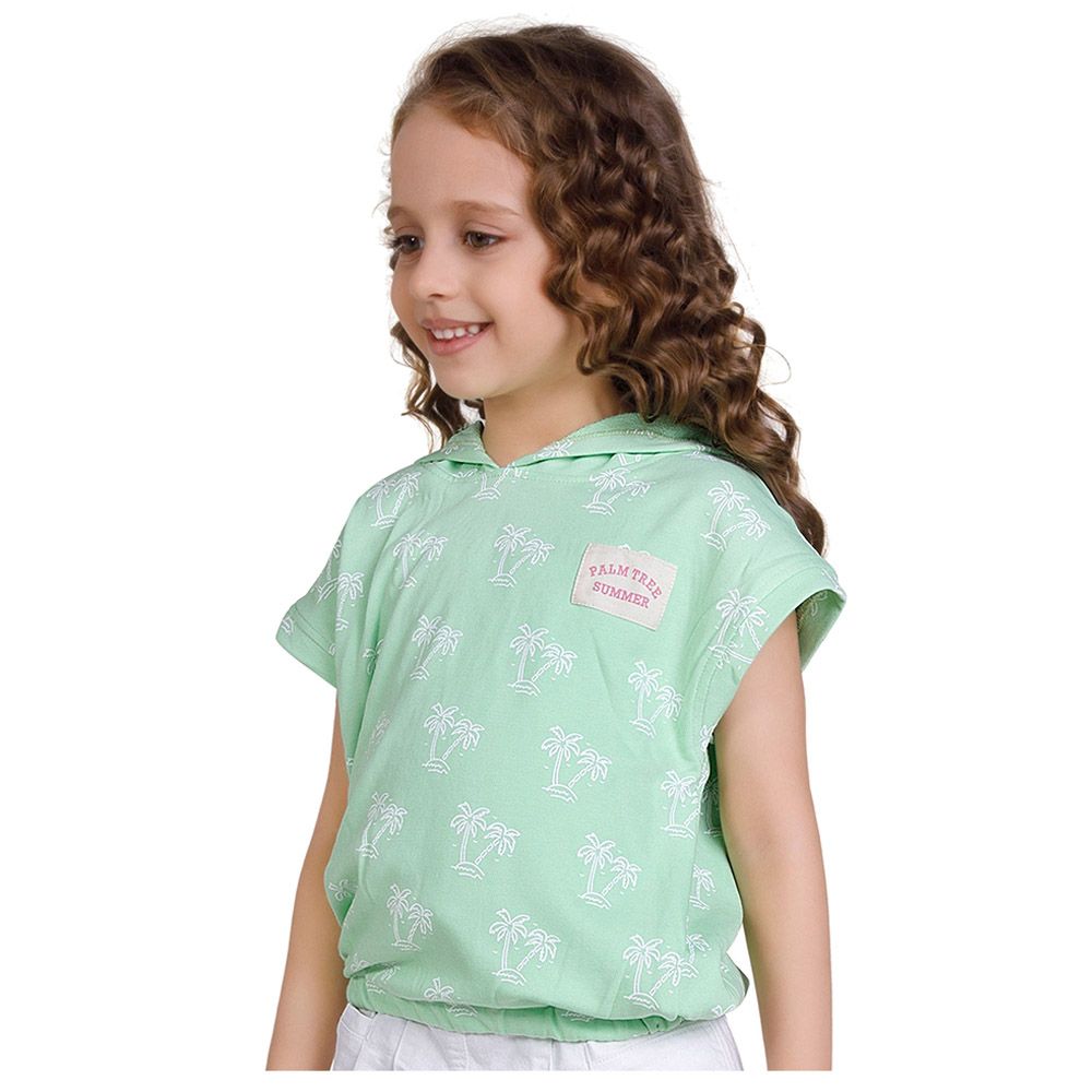 Little Kangaroos - Girl Sleeveless Hooded Tropical Print T-Shirt - Mint