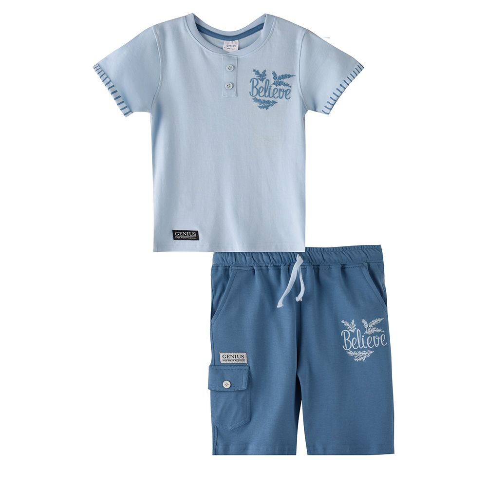 Genius - 2pc-Set - Boy's Half Sleeve T-Shirt w/ Bermuda Shorts - Sky Blue