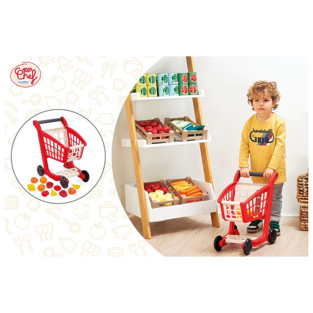 Ecoiffier - Bubble Cook Garnished Supermarket Trolley w/ 12pcs Fruits & Vegetables