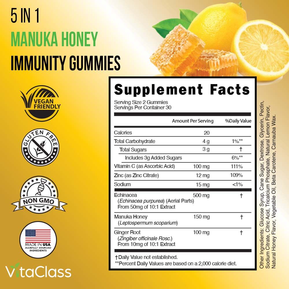 Vitaclass - 5-in-1 Manuka Honey Immunity Gummies For Adults - 60 Pcs