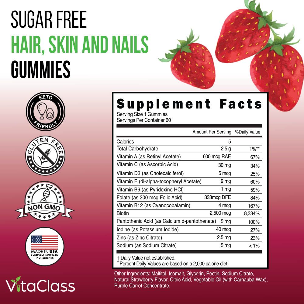 Vitaclass - Sugar Free Hair Skin And Nails Gummies For Adults - 60 Pcs