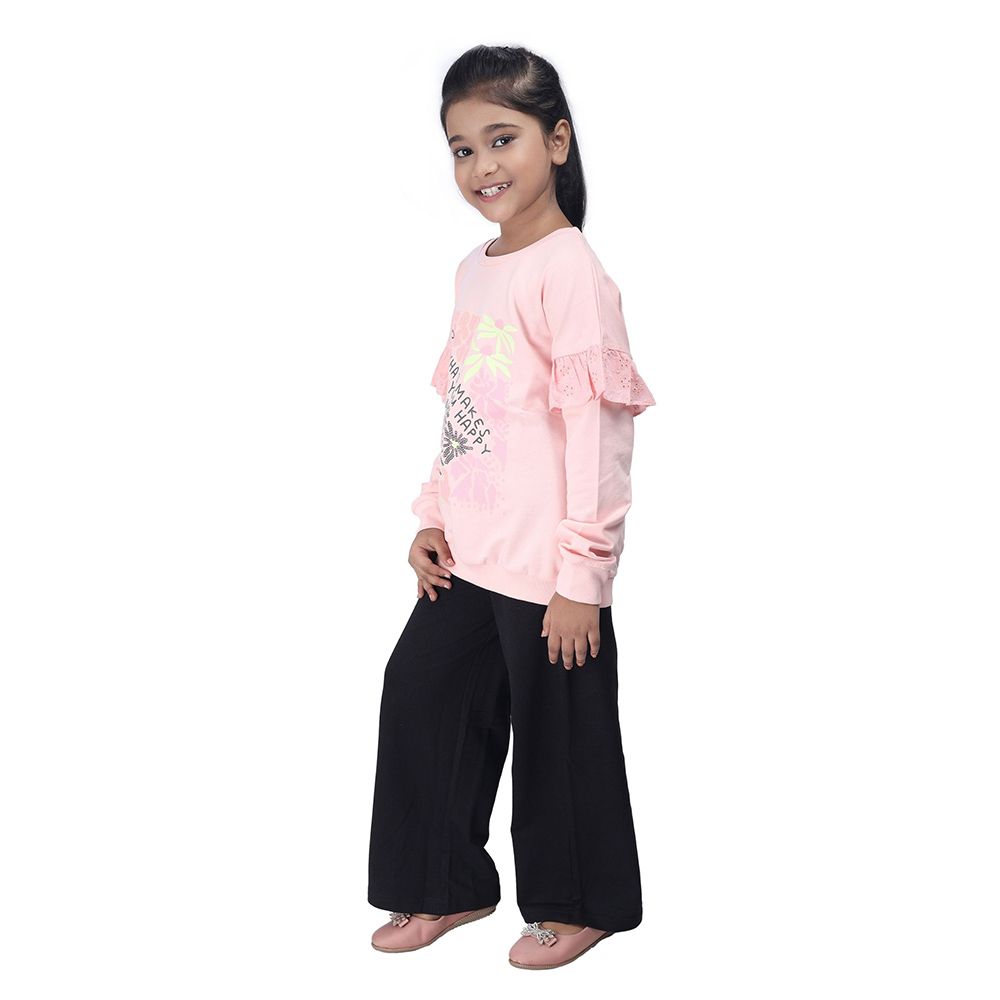 Genius - 2pc-Set - Girl Round Neck Sweatshirt w/ Pant - Coral Pink/Black