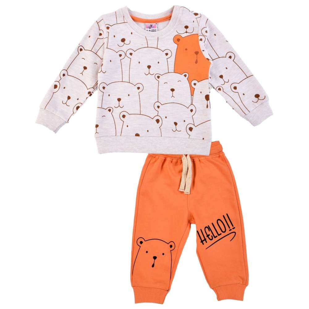 Smart Baby - 2pc-Set - Baby Boy Round Neck Sweatshirt w/ Jogger - White/Orange