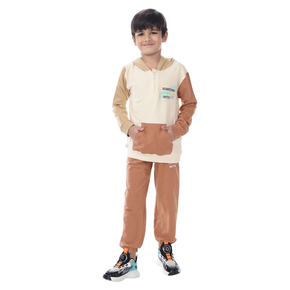 Genius - 2pc-Set - Boy Hooded Sweatshirt w/ Jogger - Cream/Brown