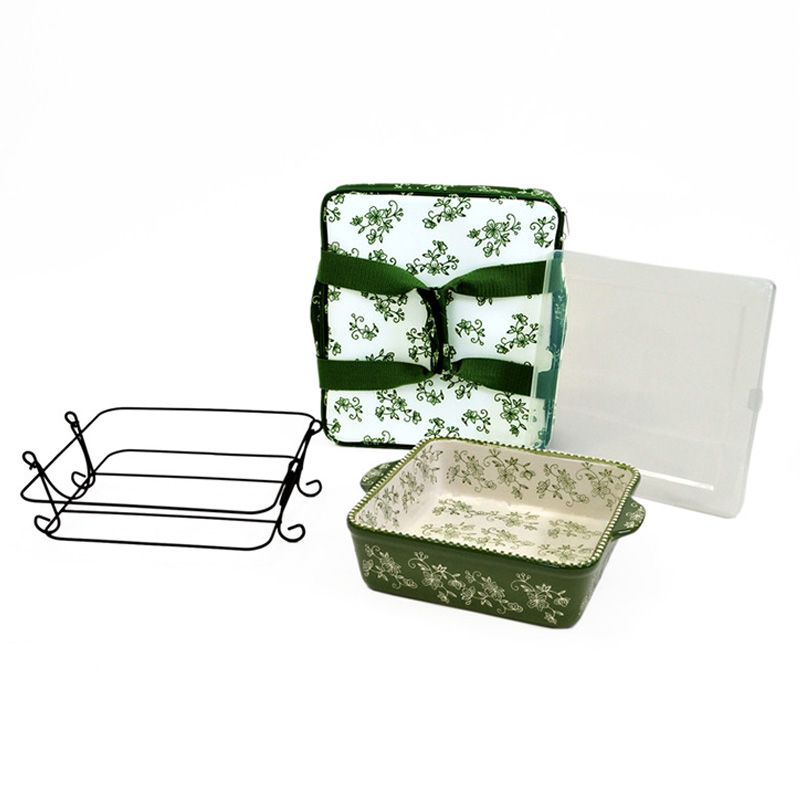 Temp-Tations - Floral Lace Bake & Take Square Baker w/ Tote Bag - Green