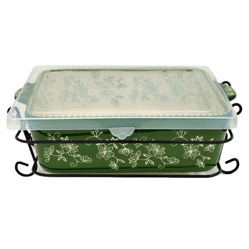 Temp-Tations - Floral Lace Bake & Take Square Baker w/ Tote Bag - Green